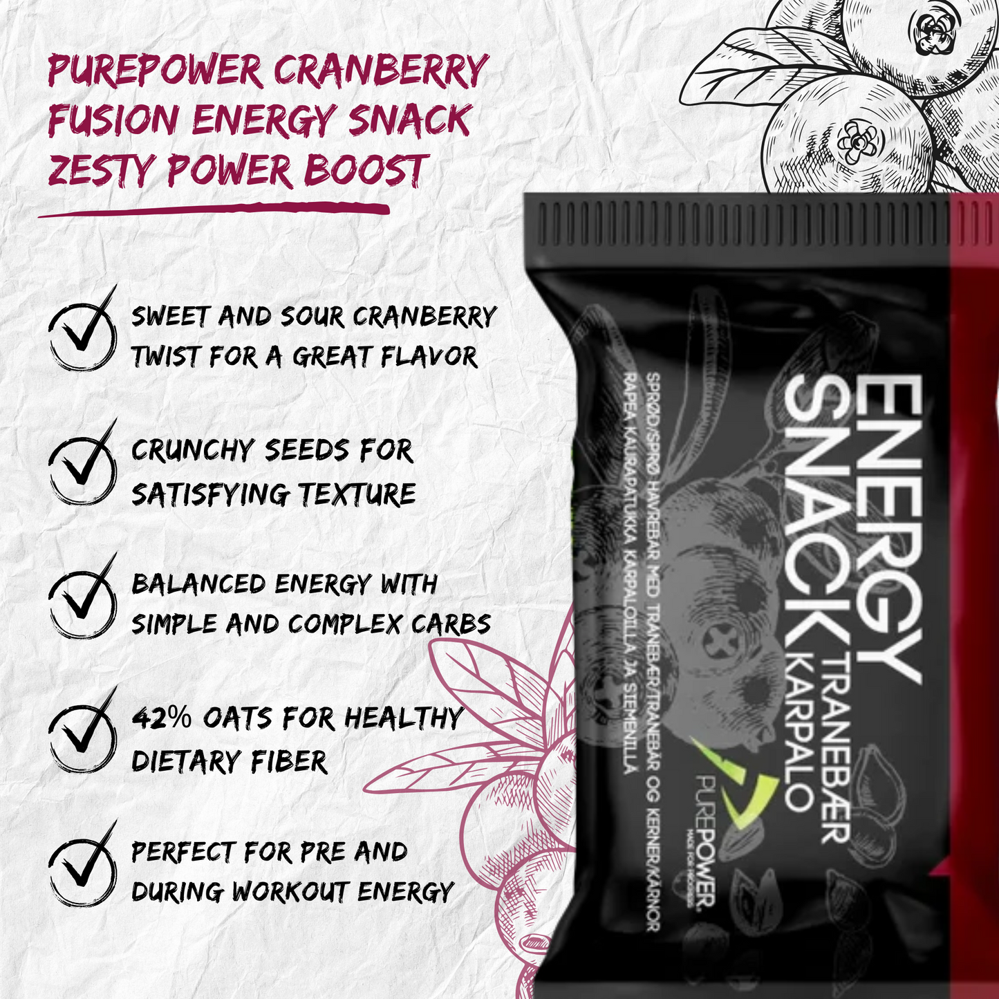 PurePower Energibar Tranebær (12x60g) - DATOVARE