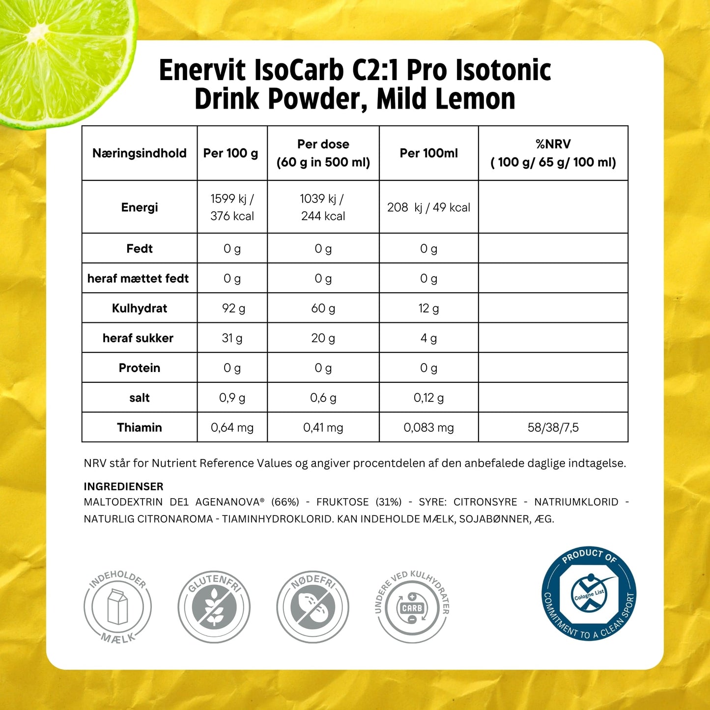 Enervit IsoCarb C21 Pro Isotonic Drink Powder, Mild Lemon - Ingredients