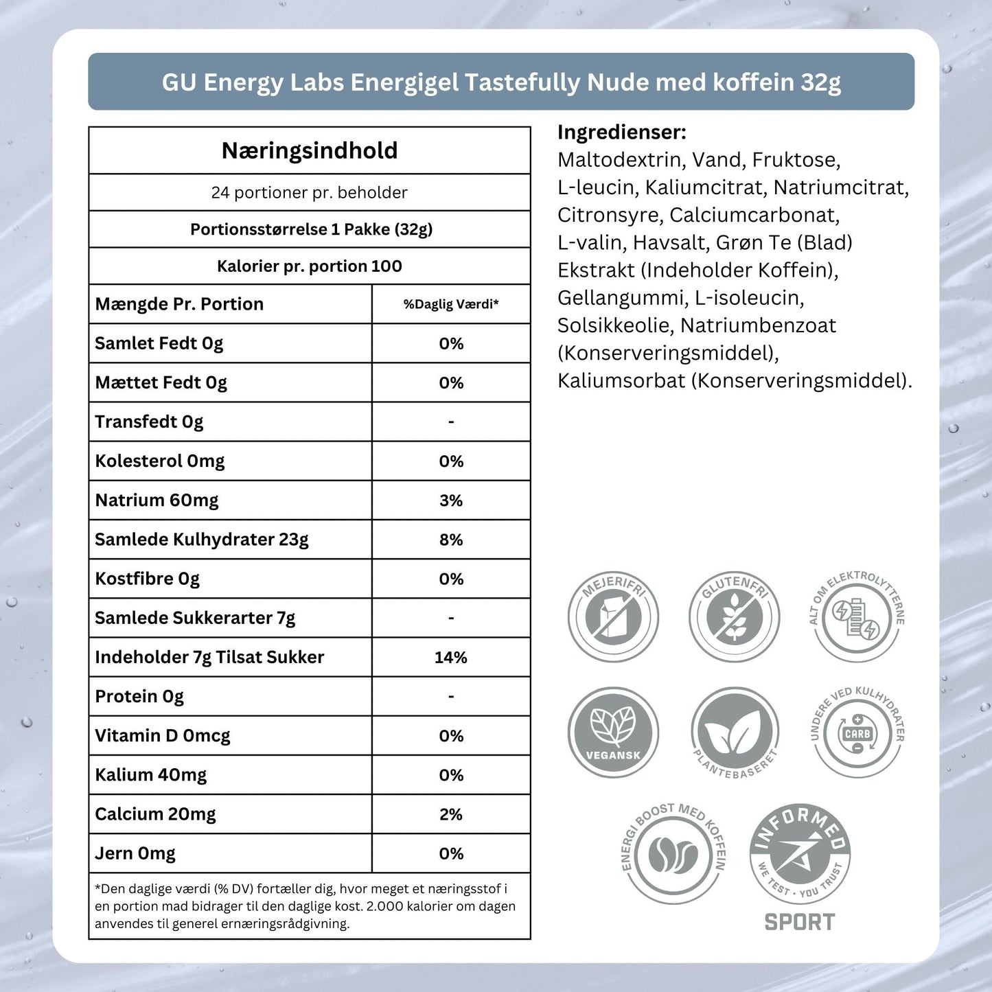 GU Energy Energigel Tastefully Nude med koffein (24x32g)