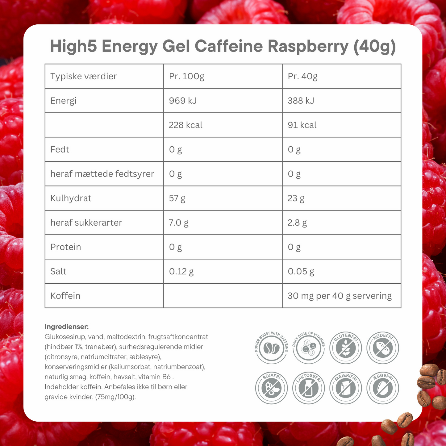 High5 Energigel Koffein Raspberry (20x40g) Datovare