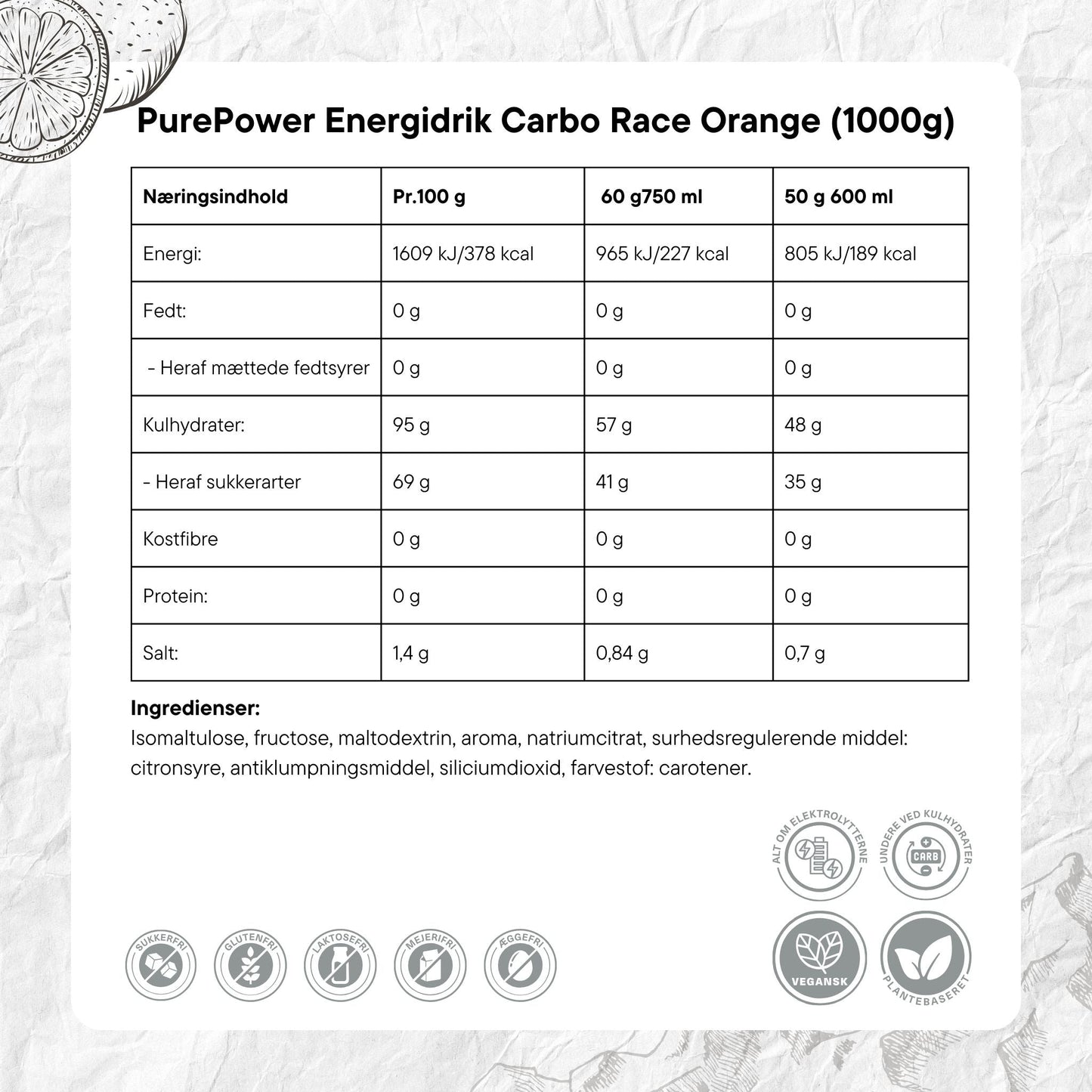 PurePower Carbo Race Electrolyte Energidrik Orange (1000g)