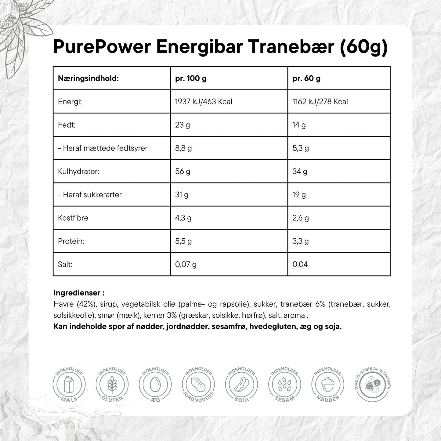 PurePower Energibar Tranebær (12x60g) - DATOVARE