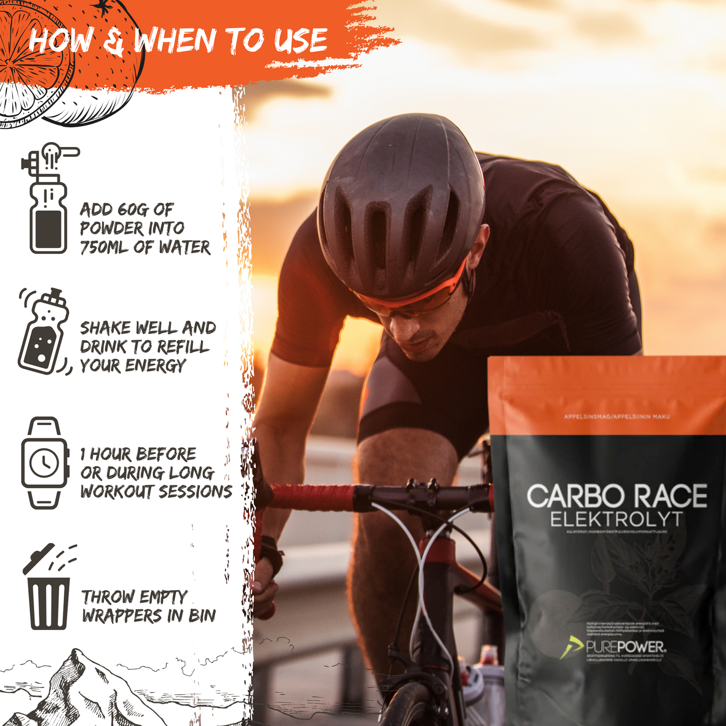 PurePower Carbo Race Electrolyte Energidrik Orange (1000g)