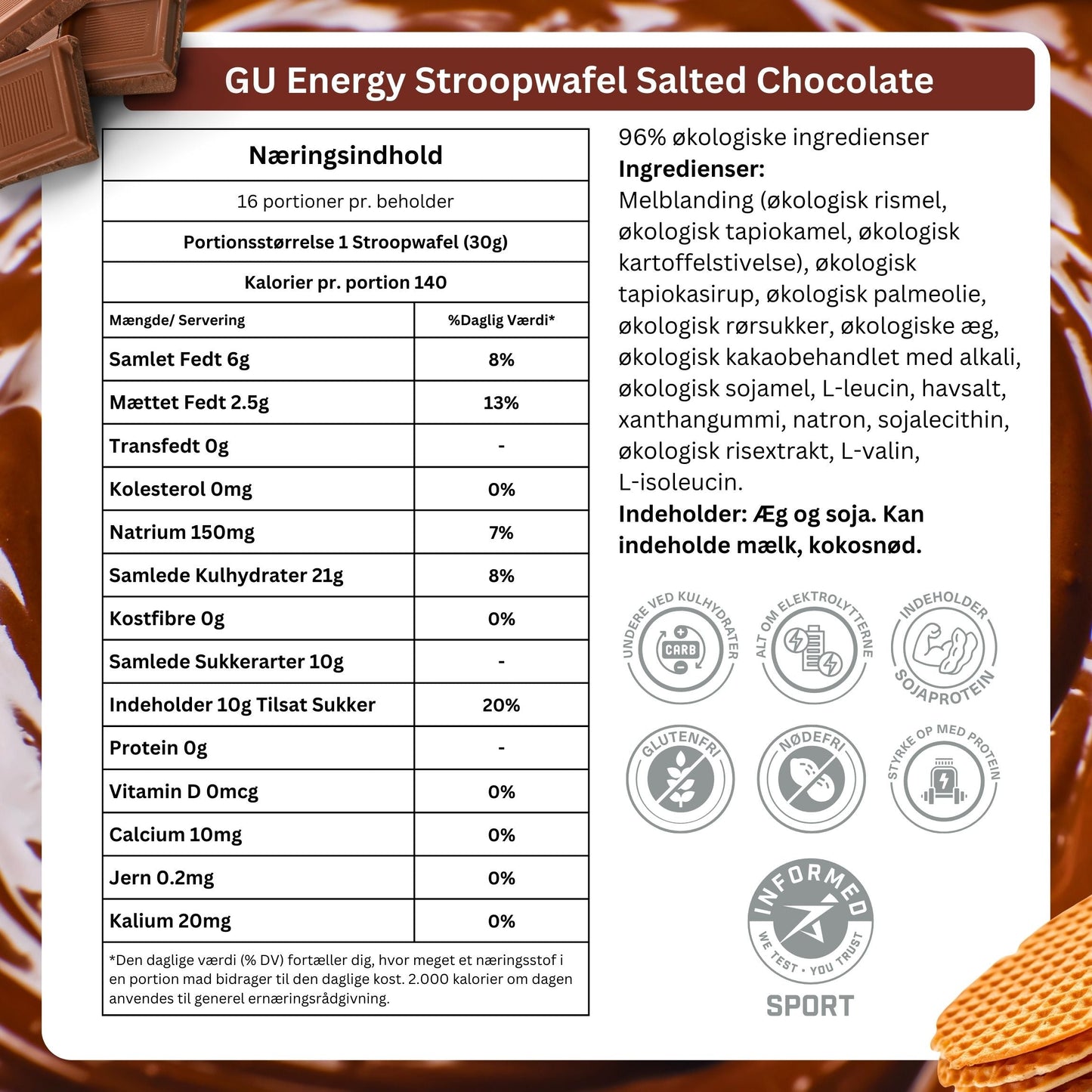 GU Energi Stroopwafel Salted Chocolate glutenfri 16x30g  - Danish Ingredients