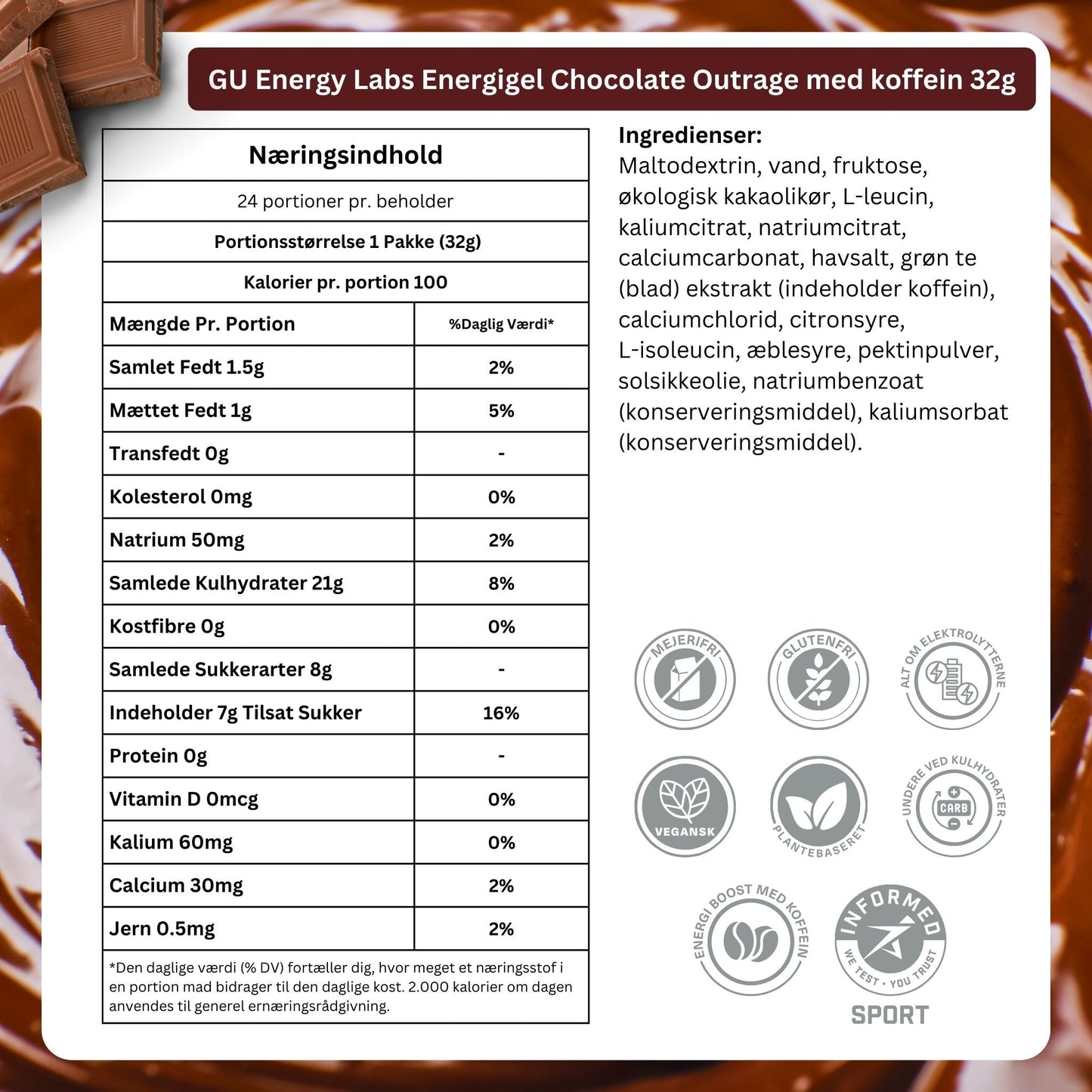 GU Energy Energigel Chocolate Outrage med koffein (24x32g)