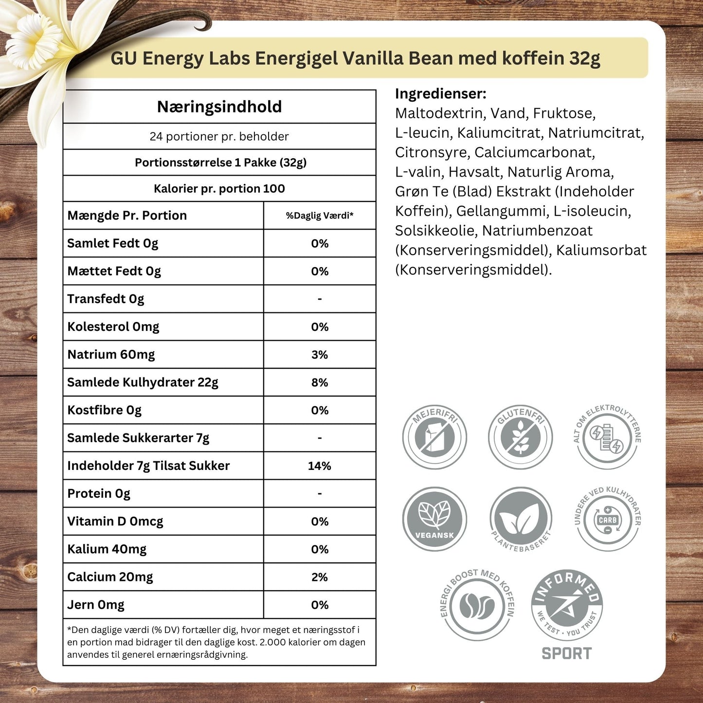 GU Energy Energigel Vanilla Bean med koffein (24 x 32g)