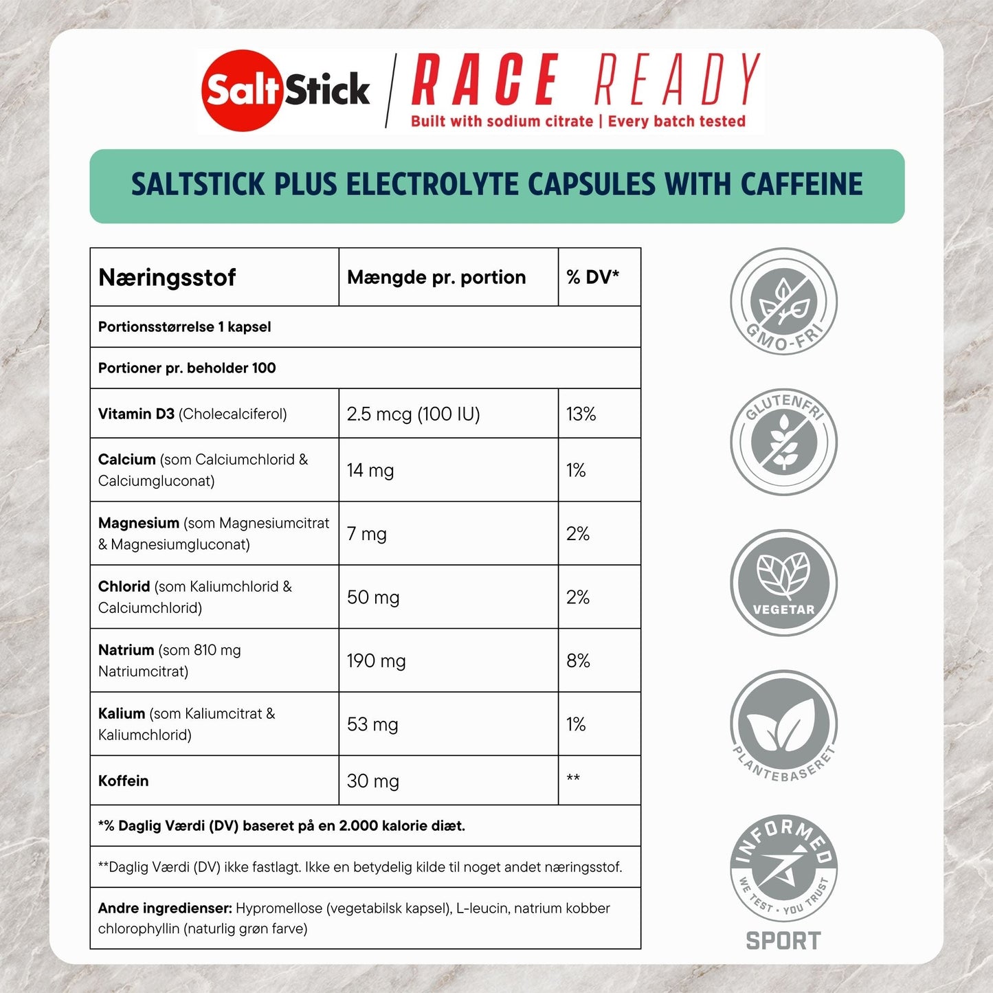 SaltStick PLUS Elektrolytkapsler med koffein (100 kapsler)