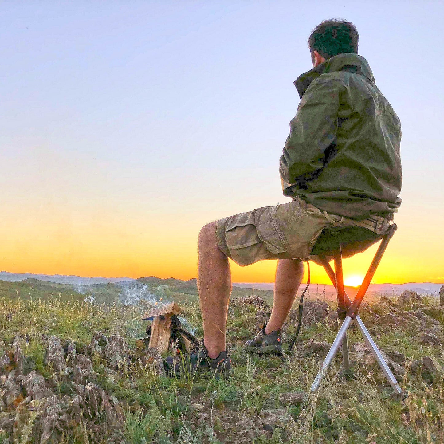 Walkstool - Man Sitting - Camping - Camp Fire - Coffee